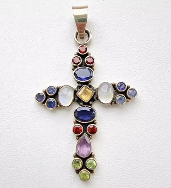 925 STERLING SILVER Faceted Natural Multicolor Gemstones Cross Pendant ...
