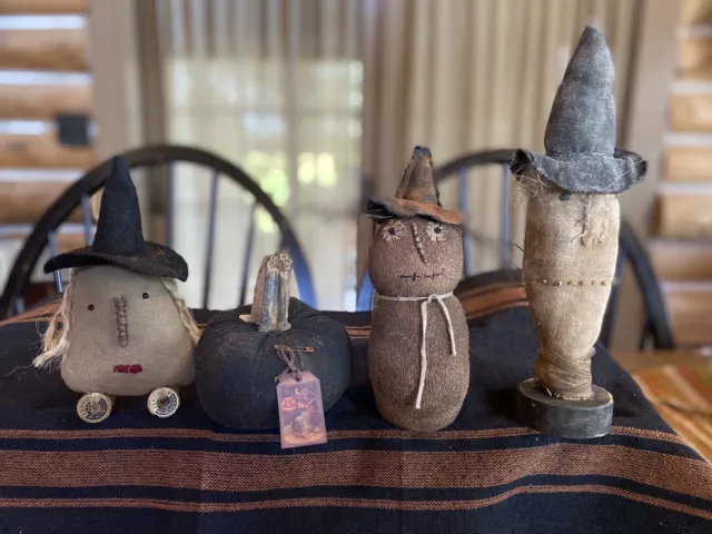 Lot Of 4 Halloween Decorations 2 Witch Scarecrow Pumpkin Grungy Fabric Handmade