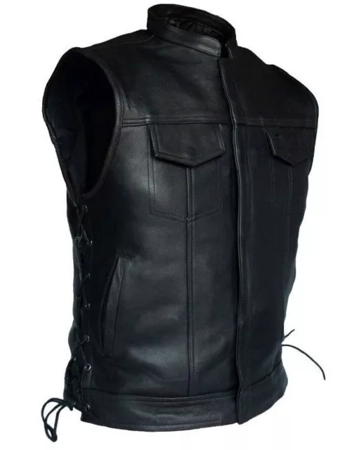 Men's Black Leather Vest SOA Motorcycle Concealed Side Laces Biker Waistcoat