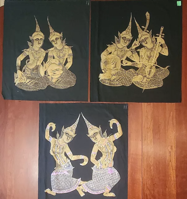 Lot 3 Vtg Thai Silk Painting Musicians Kinnari Gold Paint Black Silk 18"X22" NOS