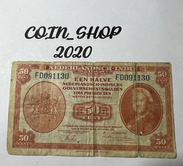 Banknote Netherlands 🇳🇱 Indies 50 Cents Banknote 1943 Circulated #137A