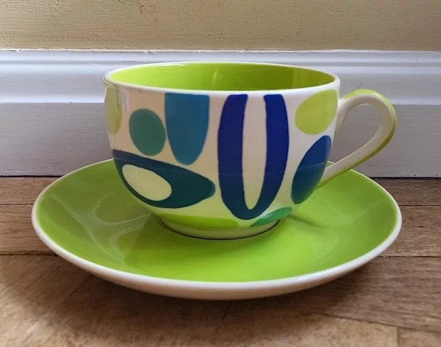 Whittard Of Chelsea Very Large Lime Green, Blue & White Handpainted Cup & Saucer