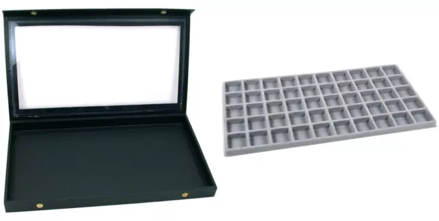 Black Glass Top Jewelry Case (Snap close lid) w/ Gray 50-slot Plastic Tray