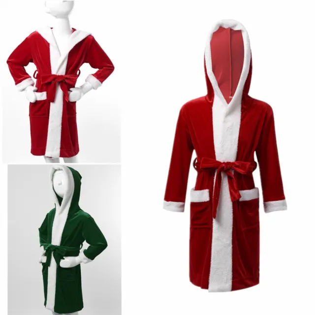 Girls Boys Hoodie Bathrobe Christmas Santa Claus Gown Sleepwear Nightgown Robe