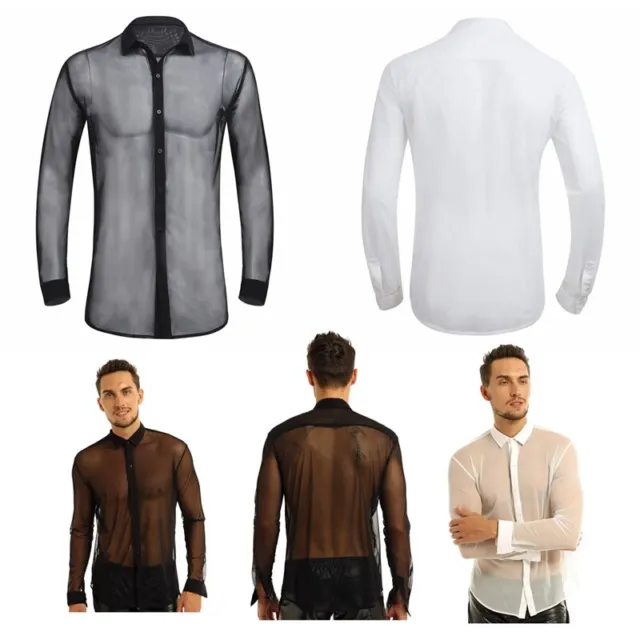 FEESHOW Männer Shirts Langarm Hemd Durchsichtig Unterhemd Mesh Tops Clubwear