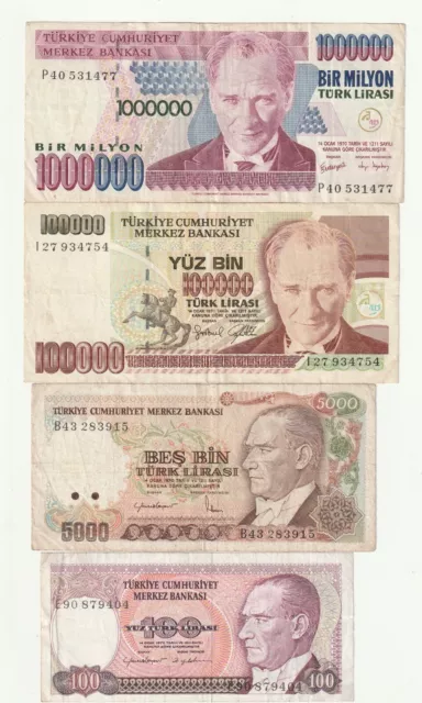 4 X TURKISH BANKNOTES,1 X 500,1 X 20000, 1 x 100000, 1 x 500000 LIRA, 1970