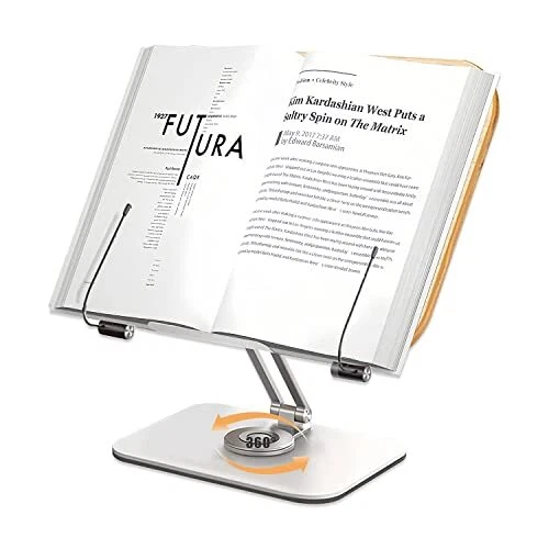 Book Stand for Reading, Adjustable Book Holder with 360° Rotating Base & Page