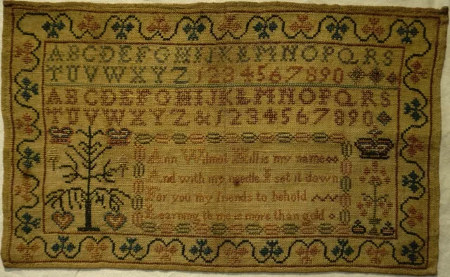 Early/Mid 19Th Century Alphabet & Verse Sampler By Ann Wilmot Hill Aged 8 - 1850
