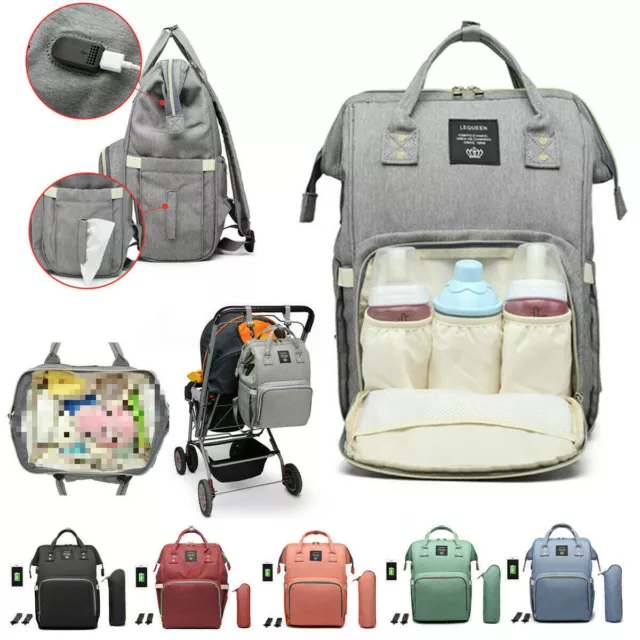 LEQUEEN Waterproof Baby Nappy Diaper Bag Mummy Maternity Pure Color USB Backpack