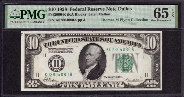1928 $10 Federal Reserve Note Dallas Fr.2000-K Ka Block Pmg Gem Unc 65 Epq