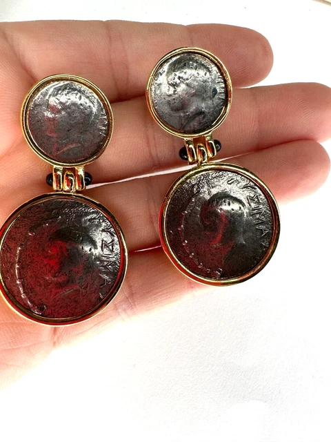 Vintage Earrings Pierced Coin Dangle Earrings Drop Black Cabochon Greek