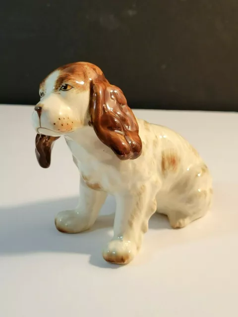 Vintage Porcelain Cocker Spaniel Dog Figurine Brown & White Glazed 5"x6"