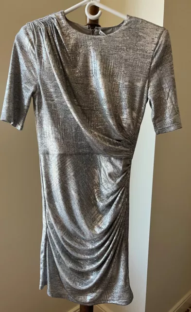 Alice + Olivia Mini Dress Silver Metallic Ruched "Delora" Size 6 Nwt (Read Desc)