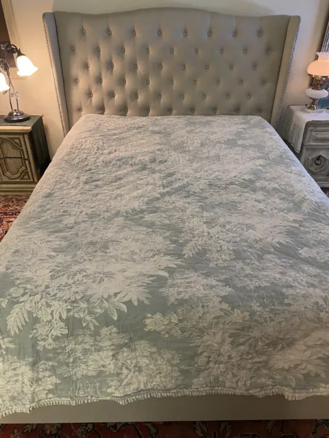 RARE Pottery Barn Matine Toile Blue Green Gray King Queen Quilt Bedspread 86x95"