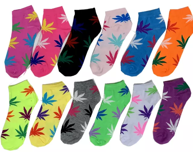 Lot Of 12 Pairs Womens Marijuana Weed Leaf Ankle Multi Color Socks Size 9-11
