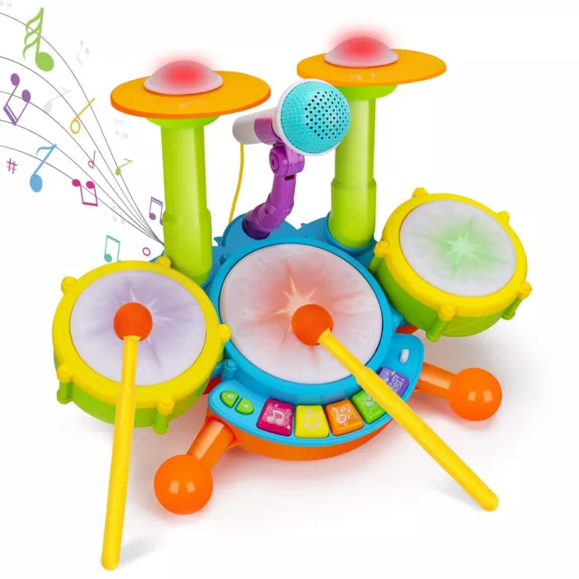 Kids Drum Set Musical Toys for Toddlers 1-3 with 2 Sticks Microphone Instrume...