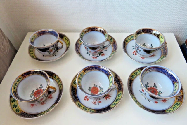 Service à Café Porcelaine Fine Ancien - 6 Tasses & 5 Soucoupes - Signé Bleu (Bayeux?)