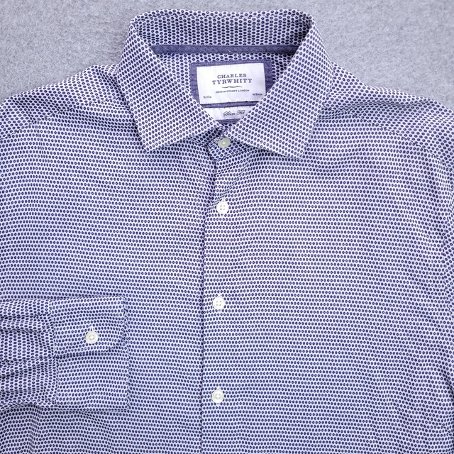 Charles Tyrwhitt Dress Shirt 16 33 Slim Fit Blue White Polka Dot Size Mens