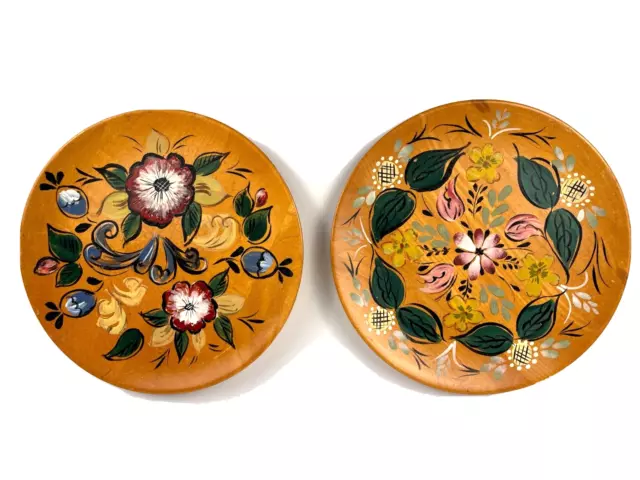 Pair of VTG Hand Painted Floral Wooden Wall Plate/ Plaque Folk Art Décor, Signed