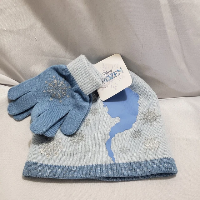 Disney Frozen Elsa Girls Knit Blue Beanie Hat Gloves Glitter Silver Snowflake