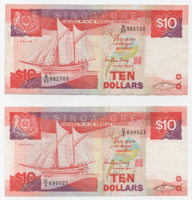 SINGAPORE $10 x 2 pcs Boat Series late 1980's VF+ Condition!!!