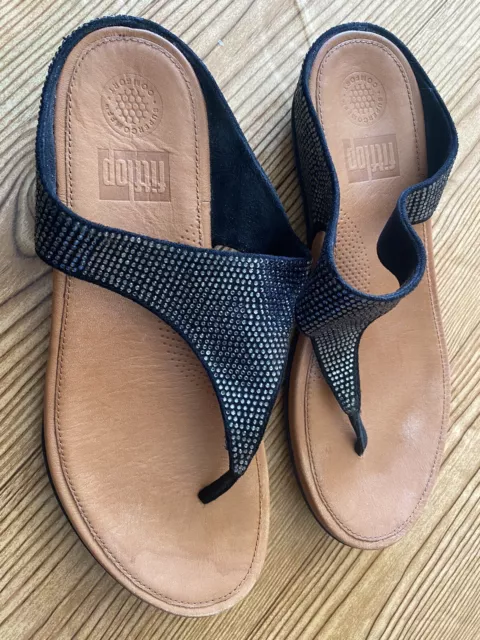 Fitflop Banda Glitz Toe Thongs Sandals N01 001 Womens Size US 9 Black Rhinestone