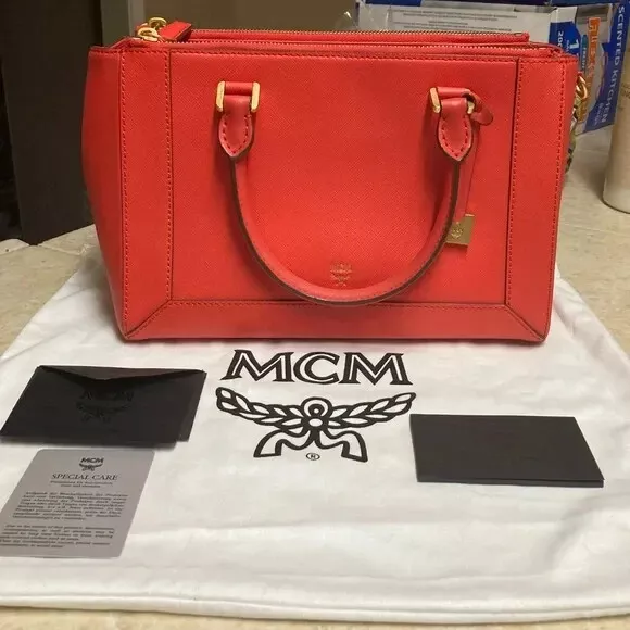 NWOT MCM shoulder/handbag/crossbody in Coral Red Saffiano Authenticated COA