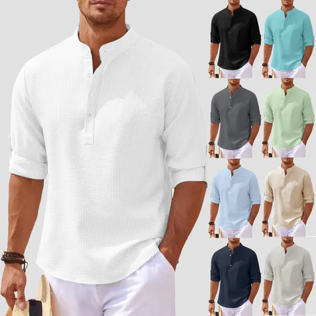 Mens Henley Shirts Ribbed Solid Long Sleeve Work Golf Casual T-Shirt Tops Blouse