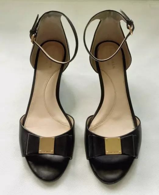 Cole Haan Women's 7.5 B Black Leather Bow Open Toe Ankle Strap Wedges Sandals