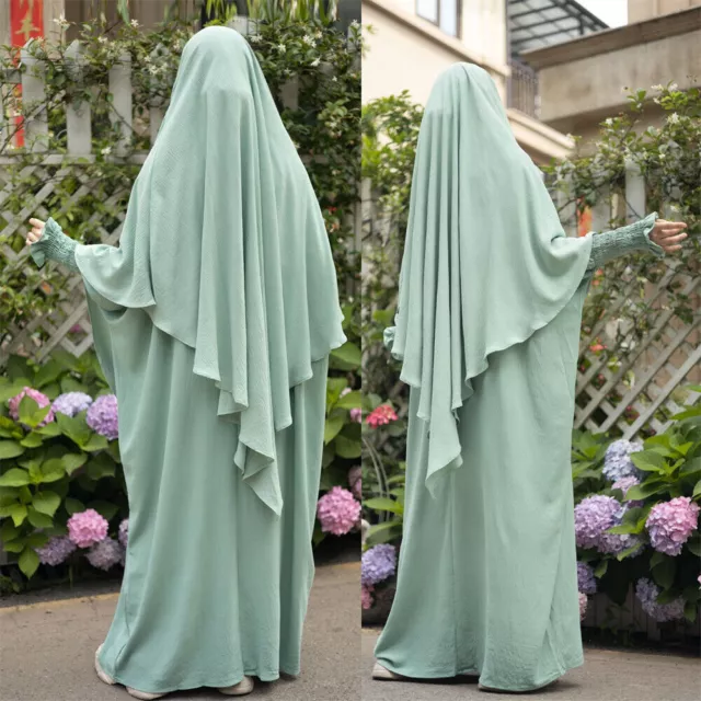 Ramadan Overhead Khimar Women Muslim Prayer Long Dress 2pcs Set Burqa Islamic