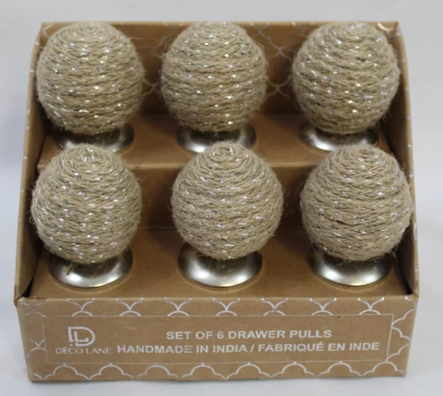 New Box Drawer Pulls Deco Lane Set of 6 Natural Jute Silver Tone Base Handmade