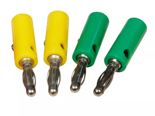 👍 4 Stück Bananenstecker 2x gelb 2x grün 4mm mit Querloch Schraubanschluß