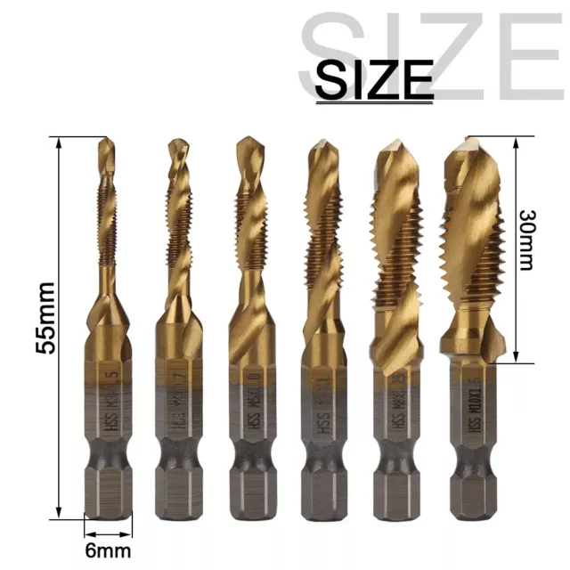 6Pc M3-M10 Drill Spiral Tap Bits HSS 1/4'' Hex Shank Metric Thread Cutter Set UK 2