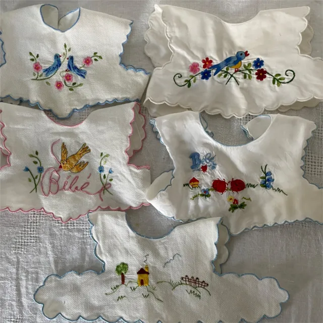 Lot Vtg Baby Bibs Hand Embroidered Smock Collar Lined 5 Designs 4 Cotton 1 Satin