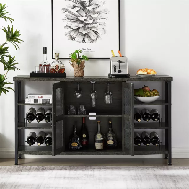 55'' Rustic Wood Wine Bar Storage Cabinet Floor Wine Cabinet For Liquor&Glasses