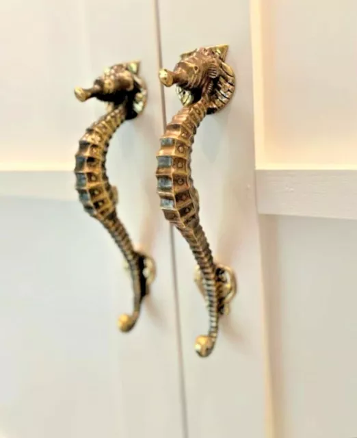 2 small SEAHORSE solid 100% brass door polished old style PULL handle 10" sea B