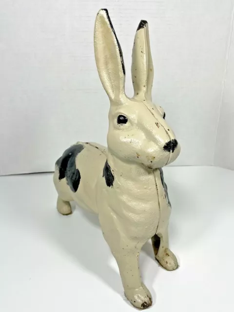 Vintage CAST IRON RABBIT DOORSTOP Black White Painted Bunny 12" H Animal