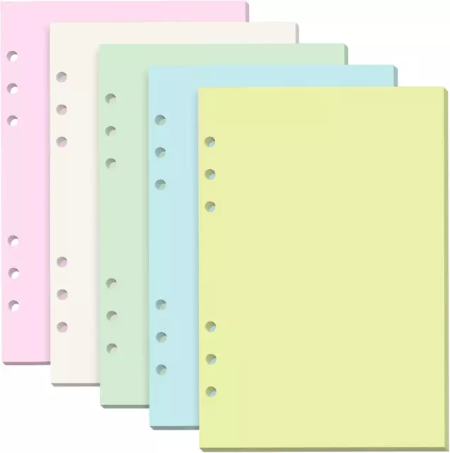 Blank Refill Paper, 200 Colored Unruled Pages for A5 Refillable 6-Ring Binder N