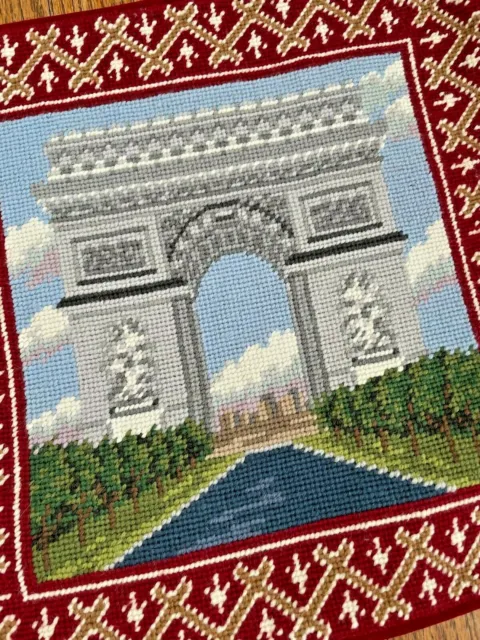 Handmade Woolen Needlepoint Throw Pillow Cover Paris France Arc De Triomphe 14"