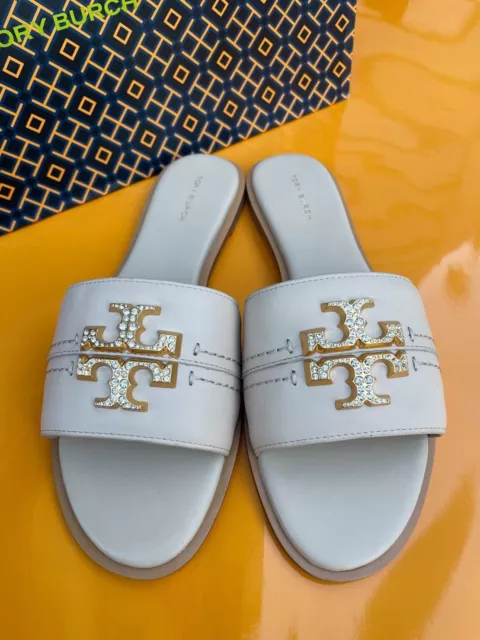 NIB Tory Burch Everly Slide Sandals Calf Leather Crystal Logo Dulce De Leche