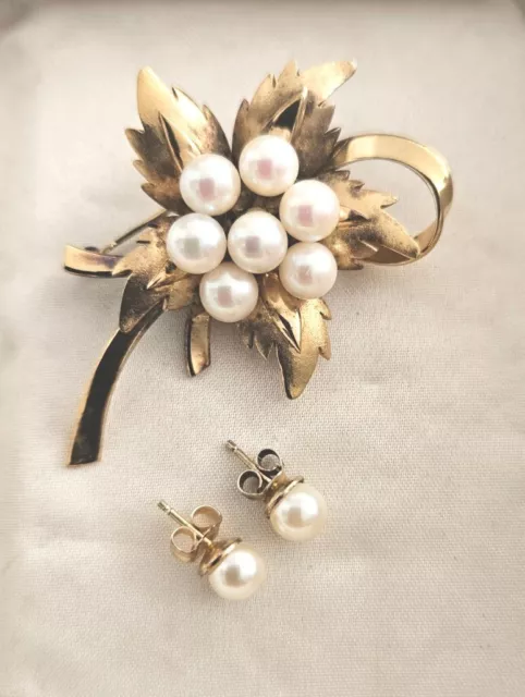 Vintage 1930s Sterling Silver/Gold GILT Natural Sea Pearls Brooch/ EARRINGS SET