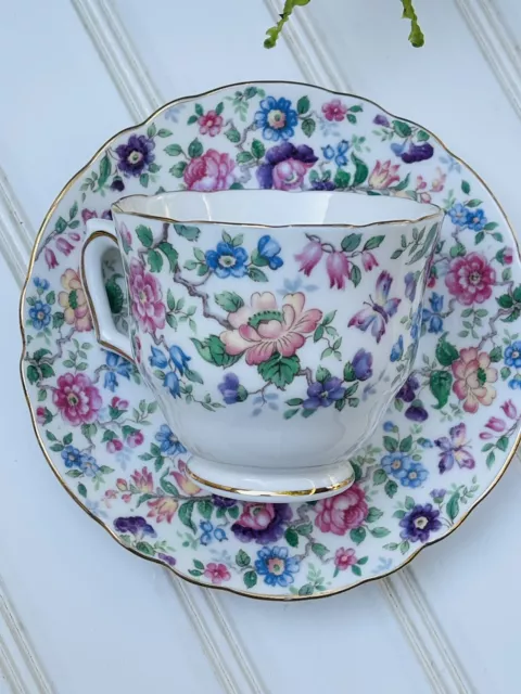 Staffordshire Crown Flowers Butterfly Tea Coffee Cup & Saucer Set