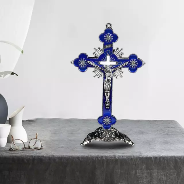 Standing Crucifix Base Catholic Jesus Cross Dark Blue