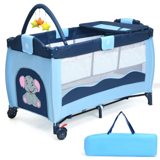 Costway Blue Baby Crib Playpen Playard Pack Travel Infant Bassinet Bed Foldable