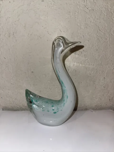 ART GLASS SWAN FIGURINE PAPERWEIGHT White and Pale Blue Clear 6 1/2" GOOSE BIRD