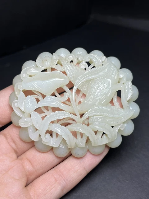 Chinese Exquisite Handmade Bird carving Hetian Jade Statue Plate Pendant