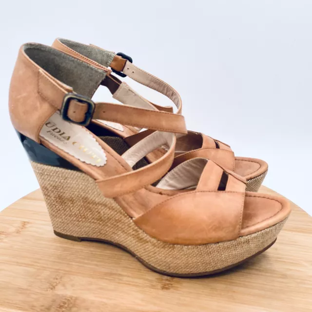 Claudia Ciuti Wedge Heels Womens 8.5 Tan Leather Ankle Strap Sandals Italy