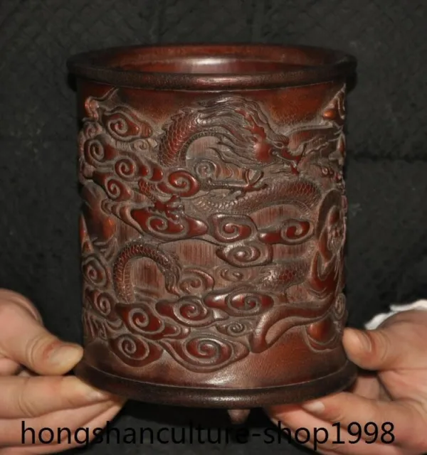 6'' Bamboo root wood loong dragon Calligraphy Tools  brush pot pencil vase