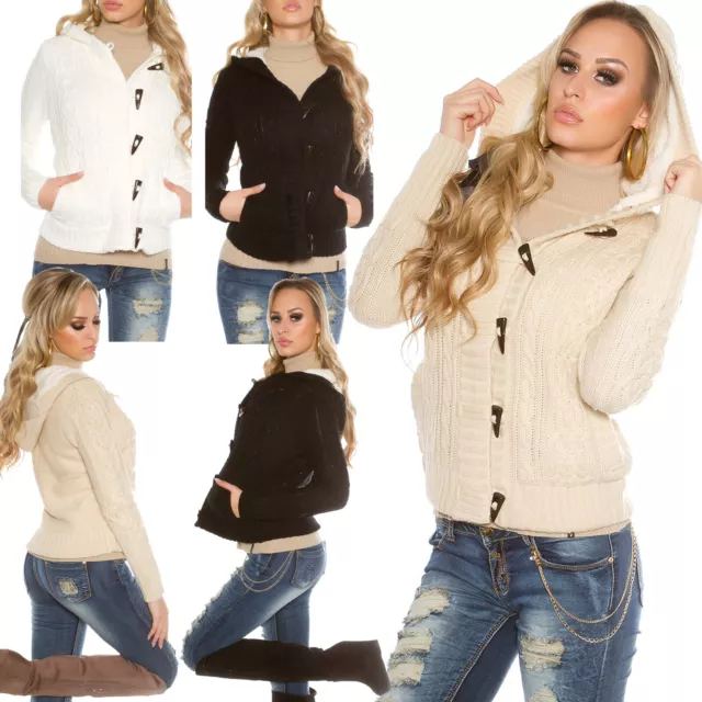 women's hooded cardigan cable knit jacket lined long sleeve jumper size S/M L/XL