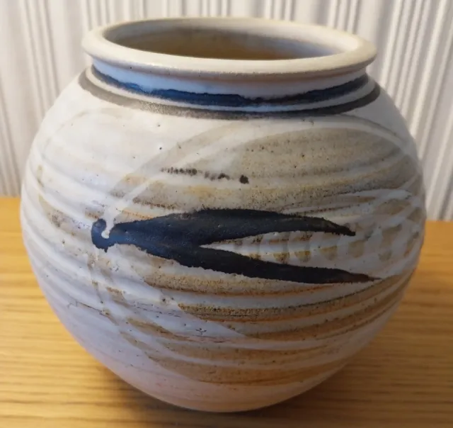 Mid-Century Studio Pottery Stoneware Vase Round Ribbed Vessel Brown Stripe VGC